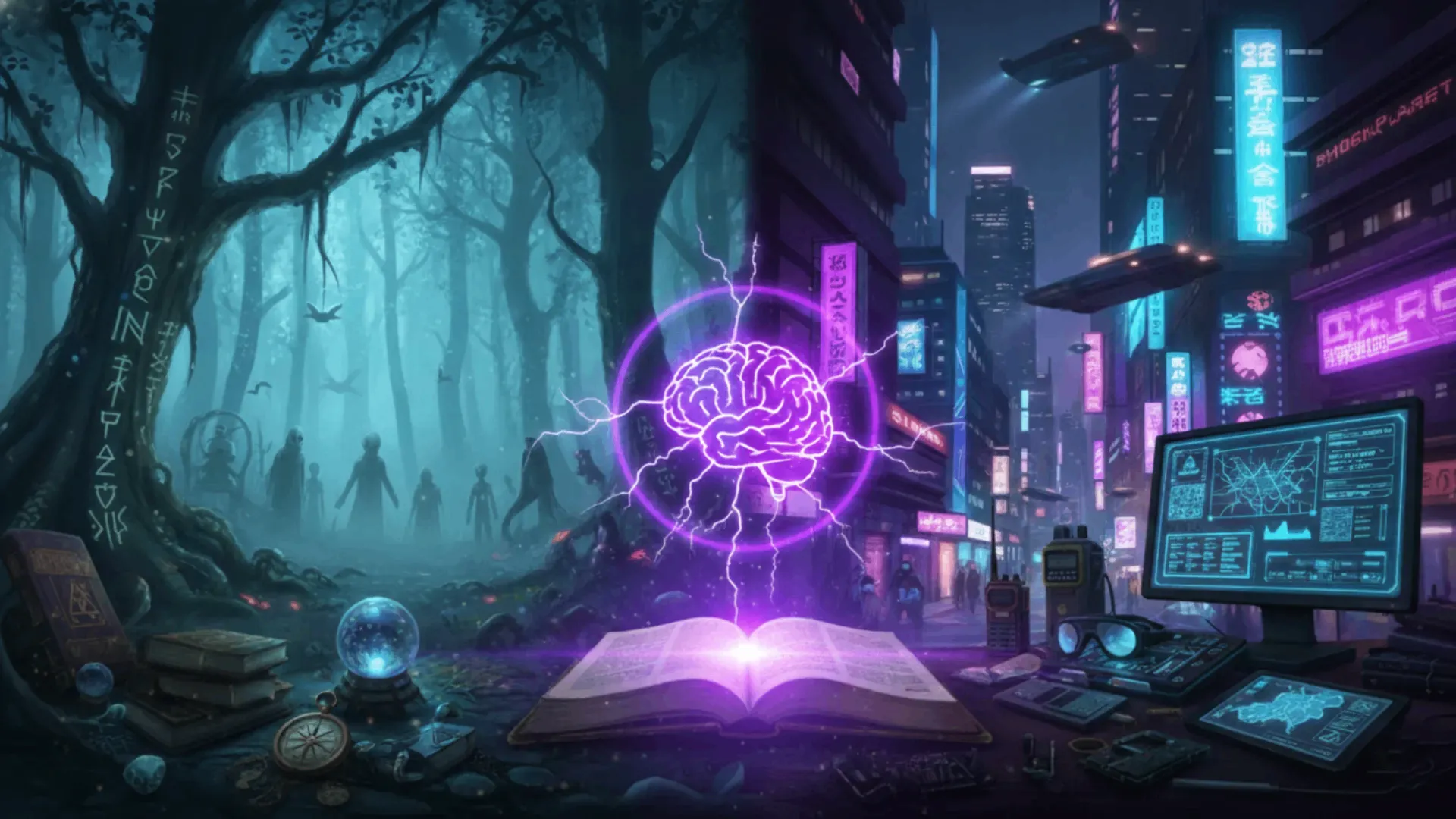 An open book emits purple energy forming a brain; on the left is a foggy forest with shadowy figures, while on the right, neon-lit ShockPlanet buzzes with computers, gadgets, and glowing screens—discover what it's all about.
