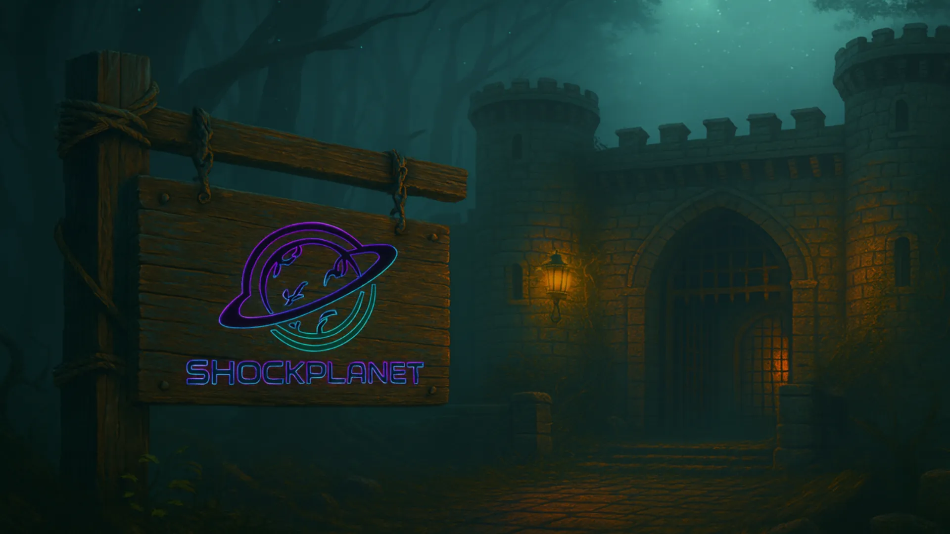 A wooden sign with a neon ShockPlanet logo and the text SHOCKPLANET hangs near the entrance of a stone castle at night, illuminated by a lantern, with trees and fog in the background, inviting visitors to make contact. | ShockPlanet Archive
