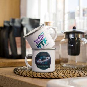 Stacked 12oz Enameled Tactical Field Mugs, displaying the full SHOCKPLANET logo and "Your Daily Dose of WTF" and a small SHOCKPLANET logo - Left and Right Views