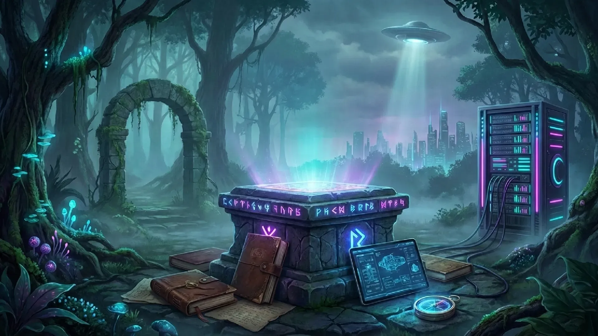Futuristic forest scene blending ancient magic and advanced tech, with glowing pedestal and server rack.