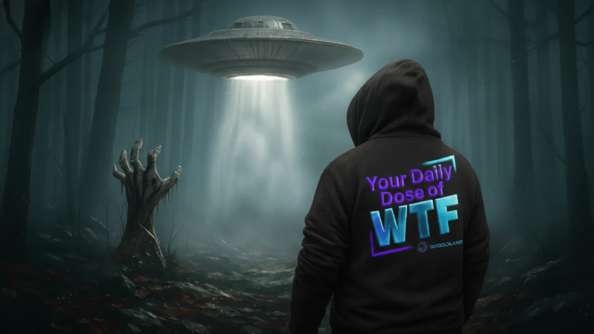 A mysterious hooded figure standing in a dark, foggy forest looking at a hovering UFO, with a zombie hand emerging from the ground and "Your Daily Dose of WTF" branded on the hoodie | ShockPlanet